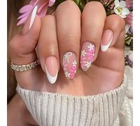 24 unghie finte con fiocco floreale a punta francese, a forma di mandorla media, base nuda con design a margherita rosa e bianca, copertura completa, con linguette adesive in gelatina, set per