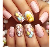 24 unghie finte corte a pressione, con disegni di pulcino, in acrilico, per manicure Naol per occasioni festive