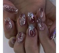 24 unghie finte corte da balletto finte, con fiore di fiamma, sfumature, copertura completa, unghie acriliche
