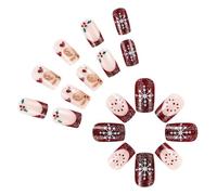 24 unghie finte corte quadrate con fiocco di neve, copertura completa, per Natale, a pressione, con disegni di omini di pan di zenzero