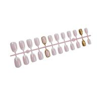 24 unghie finte da donna con punta francese, corte, rotonde, bianche, con eleganti design metallico a strisce dorate 3D