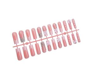 24 unghie finte eleganti quadrate lunghe e eleganti con disegni fiocchi e 3D Facile applicazione Stampa sulle unghie per donne finti