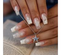 24 unghie finte francesi con accenti costellazione, corte, bianche, cromate, con linguette adesive in gelatina, 12 misure, punta francese con design a stella, per donne e ragazze (bianco lucido)