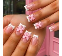 24 unghie finte francesi con design a fiocco 3D, base rosa, punta bianca, copertura completa, lunghe e quadrate, per donne, set per manicure estiva dolce e glamour, finitura lucida di qualità da