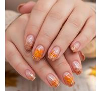 24 unghie finte glitterate a forma quadrata - foglia d'acero autunnale e scintillante design a punta francese - Kit di unghie finte da donna, corte finte in 12 misure