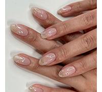 24 unghie finte glitterate con fiori dolci, in acrilico, corte, rotonde, a pressione