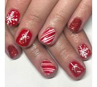 24 unghie finte glitterate, corte, quadrate, con fiocco di neve, copertura completa, unghie finte natalizie