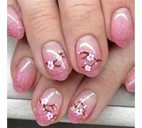 24 unghie finte glitterate, corte, rotonde, a pressione, con fiori di pesco