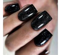 24 unghie finte glitterate nere con colla, quadrate, punta francese, copertura completa, per ragazze e donne, perfette per nail art