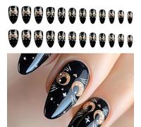 24 unghie finte lucide di media lunghezza a mandorla con disegni di gatti neri, facili da premere sulle unghie per feste e uso quotidiano
