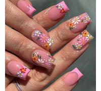 24 unghie finte lucide, quadrate, a pressione, con fiori dolci, in acrilico, punta francese