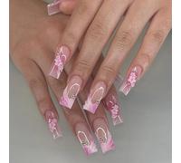 24 unghie finte lunghe quadrate a pressione, fiore rosa 3D, con design a farfalla, copertura completa, in acrilico, con colla, materiale ABS, kit fai da te per donne