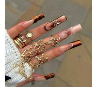 24 unghie finte lunghe quadrate marroni con punta francese unghie finte a pressione con texture 3D disegni floreali unghie acriliche Y2k Stick on Nail per donne ragazze manicure