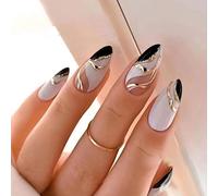 24 unghie finte mandorla nero e bianco duo, stile INS alla moda, rimovibili con colla forte