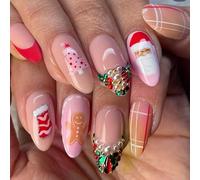 24 unghie finte natalizie a forma di mandorla, copertura completa, da attaccare alle unghie, a forma di Babbo Natale, per manicure, forniture per l'inverno