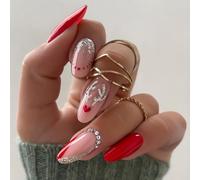 24 unghie finte natalizie adorabili alci, unghie artificiali glitterate, a forma di mandorla, copertura completa