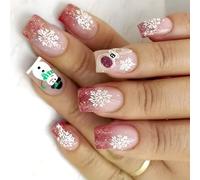 24 unghie finte natalizie corte quadrate a pressione su unghie pupazzi di neve e argento glitterato lucido stick sulle unghie per ragazze