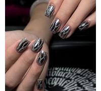 24 unghie finte nere con sfumature, unghie finte glitterate, quadrate, a pressione, con fiamma, unghie artificiali