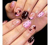 24 unghie finte ovali corte, a pressione, a forma di stella, colore: rosa | Unghie adesive con punta francese, colore rosa caffè, design a pois a stelle, unghie finte rimovibili da incollare per donne