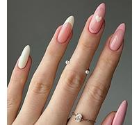 24 unghie finte ovali corte con motivo serpente e stella, nere francesi, unghie finte corte, mandorle medie per donne, unghie finte per nail art rosa pesca 1