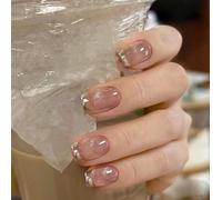 24 unghie finte quadrate, color argento nudo con glitter francesi, copertura completa, staccabili, per manicure fai da te