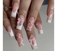 24 unghie finte quadrate con fiocco rosa francese, lunghe e quadrate, con grazioso design a fiore 3D, strass lucidi e copertura completa, in acrilico, per San Valentino, matrimoni, feste, fiocco rosa