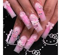 24 unghie finte quadrate con fiocco rosa francese, lunghe e quadrate, con grazioso design a fiore 3D, strass lucidi e copertura completa, in acrilico, per San Valentino, matrimoni, feste, gattino rosa