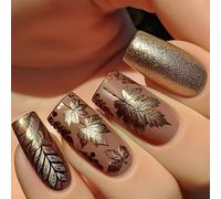 24 unghie finte quadrate con foglie d'acero autunnali per il Ringraziamento per un look elegante