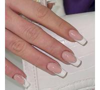24 unghie finte quadrate con punta francese, a pressione, luccicanti, lucide, 3D, per donne e ragazze, riutilizzabili, misura media, rosa, leopardo, farfalla, decorazione per manicure (bianco francese
