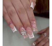 24 unghie finte quadrate con punta francese, a pressione, luccicanti, lucide, 3D, per donne e ragazze, riutilizzabili, misura media, rosa, leopardo, farfalla, decorazione per manicure (farfalla