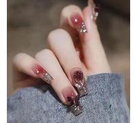 24 unghie finte quadrate con punta francese, a pressione, luccicanti, lucide, 3D, per donne e ragazze, riutilizzabili, misura media, rosa, leopardo, farfalla, decorazione per manicure (farfalla rossa)