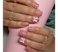 24 unghie finte quadrate con punta francese, a pressione, luccicanti, lucide, 3D, per donne e ragazze, riutilizzabili, misura media, rosa, leopardo, farfalla, decorazione per manicure (leopardo)