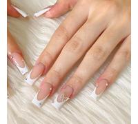24 unghie finte quadrate con punta francese, a pressione, luccicanti, lucide, 3D, per donne e ragazze, riutilizzabili, misura media, rosa, leopardo, farfalla, decorazione per manicure (farfalla