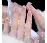 24 unghie finte quadrate con punta francese, a pressione, lucide, 3D, per donne e ragazze, riutilizzabili, misura media, rosa, leopardo, farfalla, decorazione per manicure (fiore di camelia)