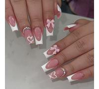 24 unghie finte quadrate con punta francese, a pressione, lucide, 3D, per donne e ragazze, riutilizzabili, misura media, rosa, leopardo, farfalla, decorazione per manicure (papillon rosa)