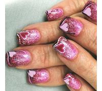 24 unghie finte quadrate corte con disegni a forma di cuore glitterati a pressione su acrilis per San Valentino scintillante look festa pronto per la festa
