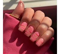 24 unghie finte quadrate corte, punta francese verde, colla rimovibile lucida con disegni leopardati, copertura completa in acrilico per donne e ragazze, nail art, onde rosa e rosse