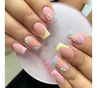 24 unghie finte quadrate corte, punta francese verde, colla rimovibile lucida con disegni leopardati, copertura completa in acrilico per donne e ragazze, nail art con fiori colorati
