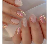 24 unghie finte rosa glitterate aurora, scintillanti, lucide, rimovibili, corte, ovali, in acrilico, copertura completa, accessori per nail art per donne e ragazze