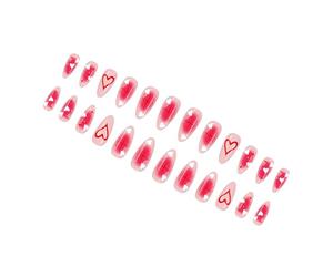 24 unghie lucide a forma di cuore per San Valentino, lunghezza media, a forma di gocce d'acqua, con fard, glitter stellati sfumati, per occasioni romantiche, design a cuore rosso