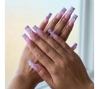 24 unghie lunghe a pressione con punta francese con glitter farfalla fiore unghie finte - Set di unghie finte in acrilico fatte a mano, punte quadrate a stiletto arte 3D stick on per donne uso