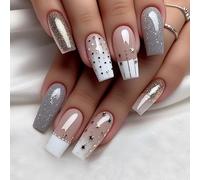 24 unghie lunghe a pressione - oro argento glitter punta francese bordo bianco finta stella stick su colla rimovibile acrilico copertura completa per donne ragazze - accessori per nail art