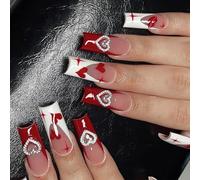 24 unghie lunghe da attaccare a bara con disegni a forma di cuore, a pressione, copertura completa, regalo falso per San Valentino, amore, cuore, french nail