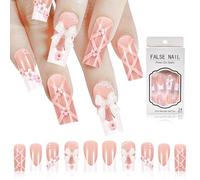 24 unghie lunghe e quadrate a pressione con fiore e fiocco, unghie finte rosa, finte francesi, ciondoli con strass e perle adesive per donne e ragazze, 1 mini lima, 1 adesivo per unghie