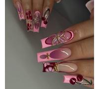 24 unghie lunghe e quadrate a pressione, punta francese rosa con disegni di ciliegia e fiori fatti a mano, unghie finte in acrilico a copertura completa, per donne, manicure fai da te