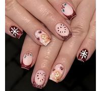 24 unghie natalizie a pressione, a forma di fiocco di neve, corte, quadrate, con omino di pan di zenzero, disegni da donna