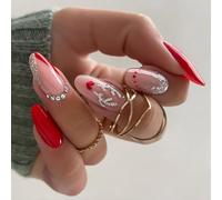 24 unghie natalizie a pressione, a forma di mandorla, glitterate, copertura completa, unghie adesive per unghie in acrilico