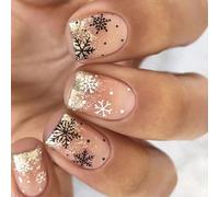 24 unghie natalizie a pressione, corte, quadrate, con fiocco di neve, copertura completa, unghie finte glitterate