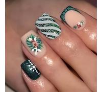 24 unghie natalizie a pressione, per ghirlanda, con strisce glitterate, unghie acriliche, corte, copertura completa, unghie finte