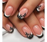 24 unghie nere a pressione, morbide, corte, quadrate, rosa, nere e bianche, con punta francese, elegante accento floreale minimale per nail art, look monocromatico, per donne